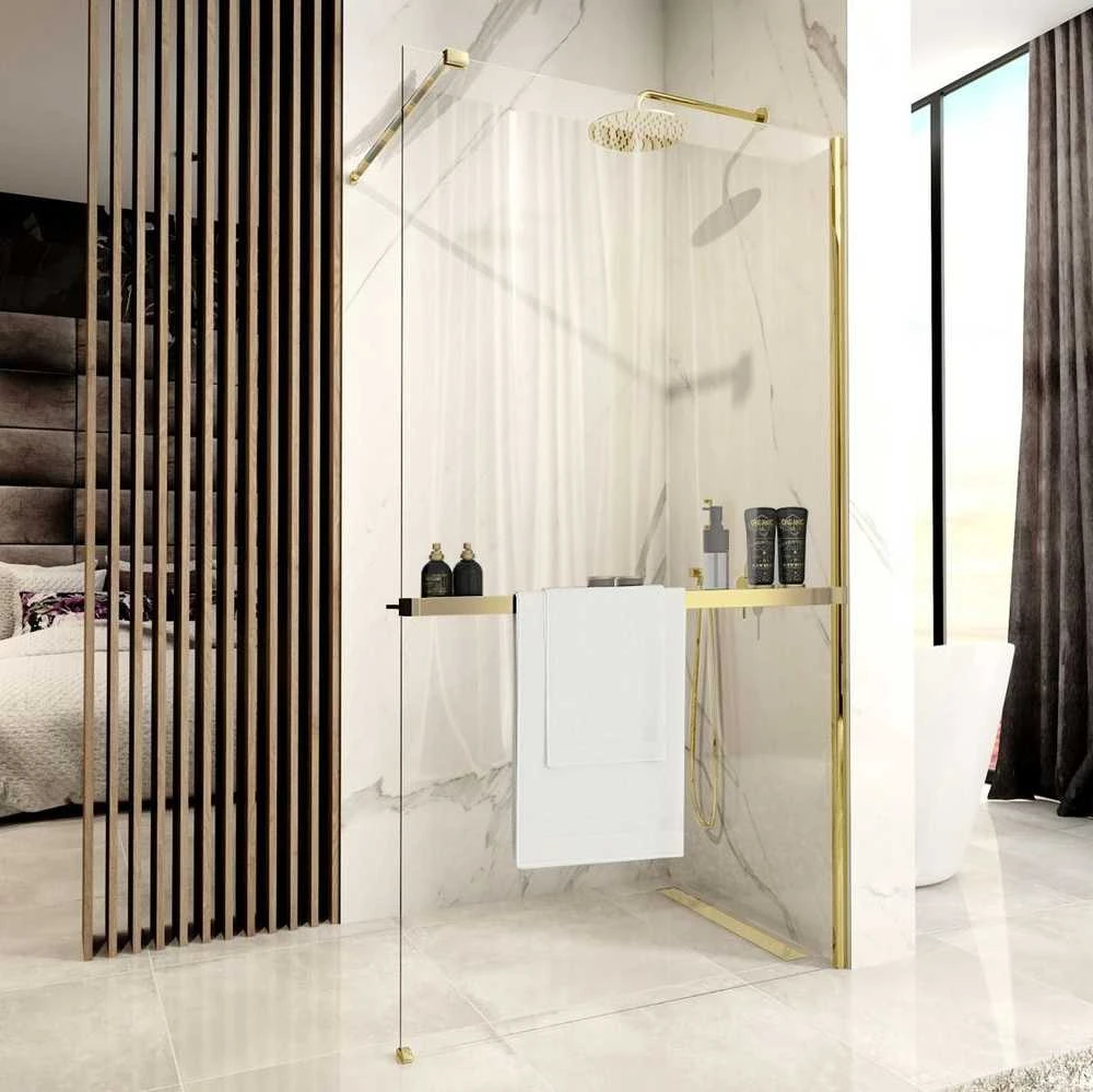 Rankšluosčių kabykla-lentynėlė dušo sienelėms Rea Evo, Brushed Gold