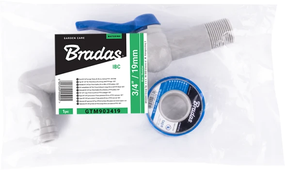 Rinkinys: čiaupas PP 90° 25mm žarnai Bradas