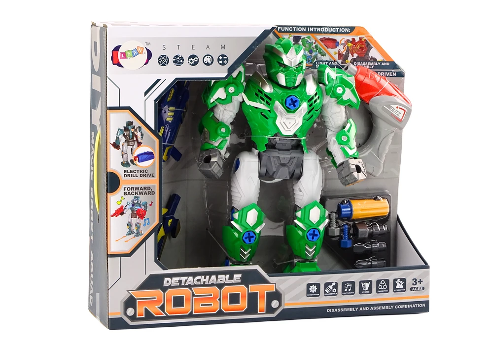 Robotas su gręžtuvu, atsuktuvu, šviesos ir garso efektais, žalias