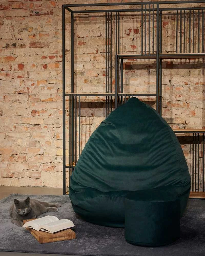 Sėdmaišis su pufu Mega Premium Cloud Velour XXL, 100x130 cm, tamsiai žalias