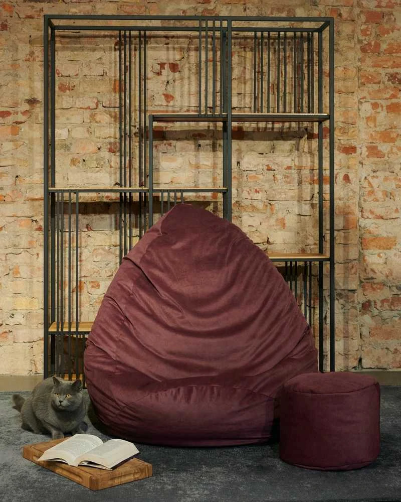 Sėdmaišis su pufu Mega Premium Cloud Velour XXL, 100x130 cm, bordinis