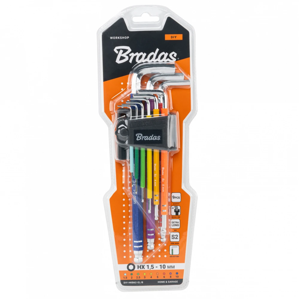 Šešiakampių raktų su rutuline galvute rinkinys Bradas HX 1,5-10 mm, multicolour / extra long, 9 vnt.