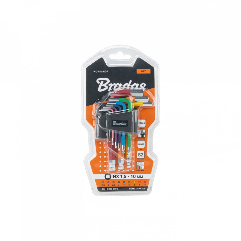 Šešiakampių raktų su rutuline galvute rinkinys Bradas HX 1,5-10 mm, multicolour / short, 9 vnt.