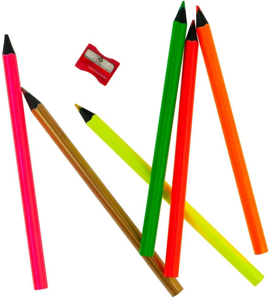 Spalvoti neoniniai pieštukai + drožtukas, 6 vnt.