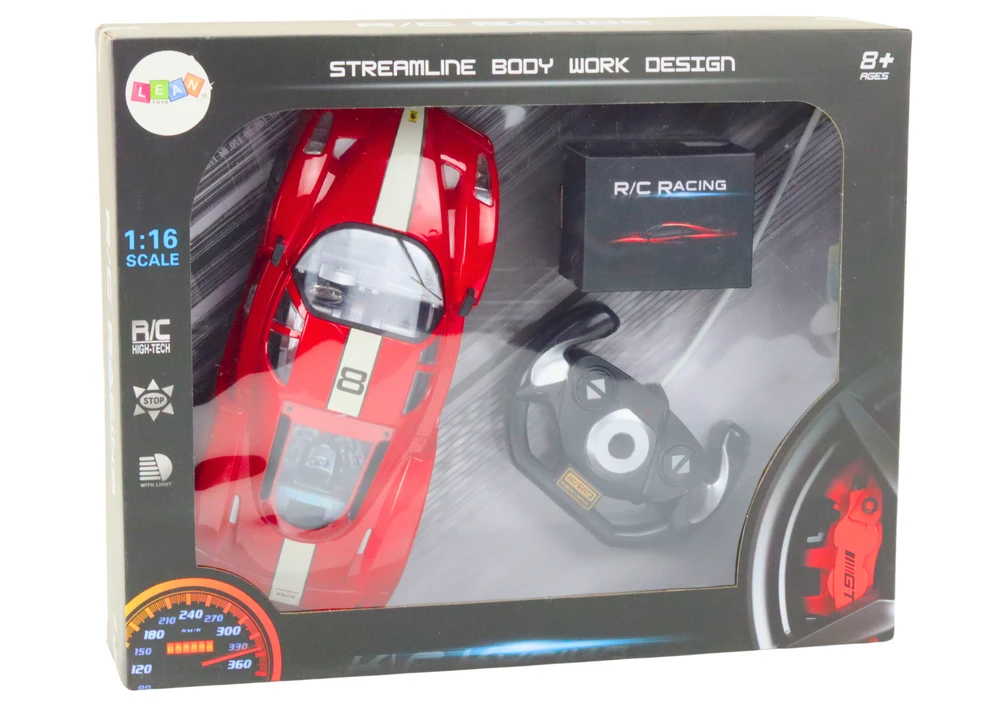 Sportinis automobilis R/C 1:16 su nuotolinio valdymo pultu, raudonas