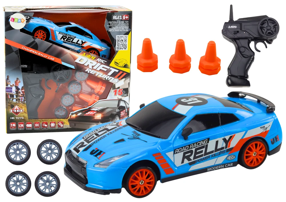 Sportinis automobilis R/C 1:24 su nuotolinio valdymo pultu ir keičiamais ratais, mėlynas