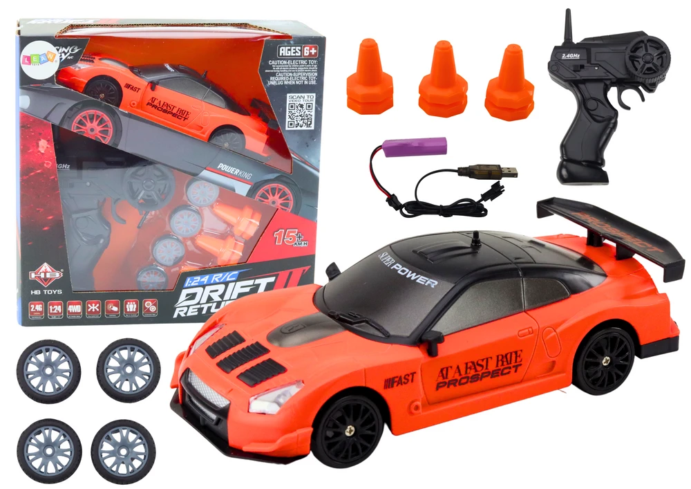 Sportinis automobilis R/C 1:24 su nuotolinio valdymo pultu ir keičiamais ratais, oranžinis