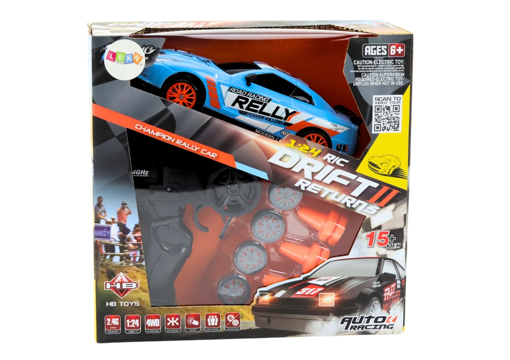 Sportinis automobilis R/C 1:24 su nuotolinio valdymo pultu ir keičiamais ratais, mėlynas