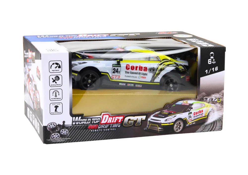 Sportinis automobilis RC 1:16 Drift su keičiamais ratais, baltas/geltonas