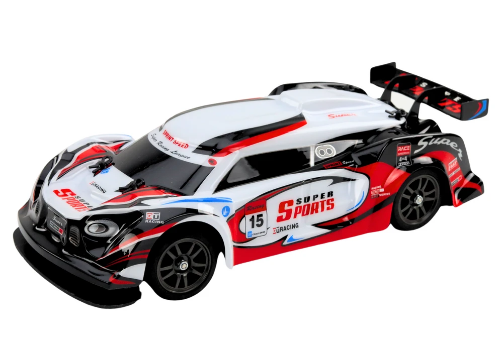 Sportinis automobilis RC 1:16 Drift su keičiamais ratais, baltas/raudonas
