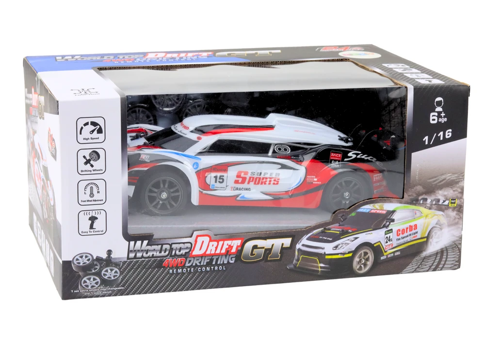 Sportinis automobilis RC 1:16 Drift su keičiamais ratais, baltas/raudonas
