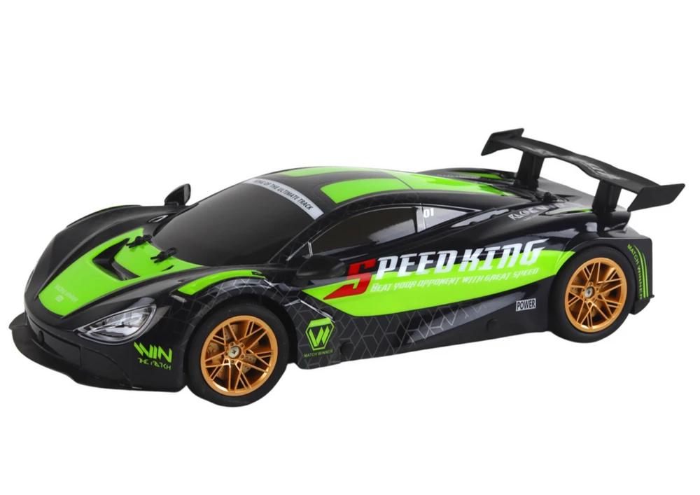 Sportinis automobilis su nuotolinio valdymo pultu ir šviesos efektais, žalias/juodas