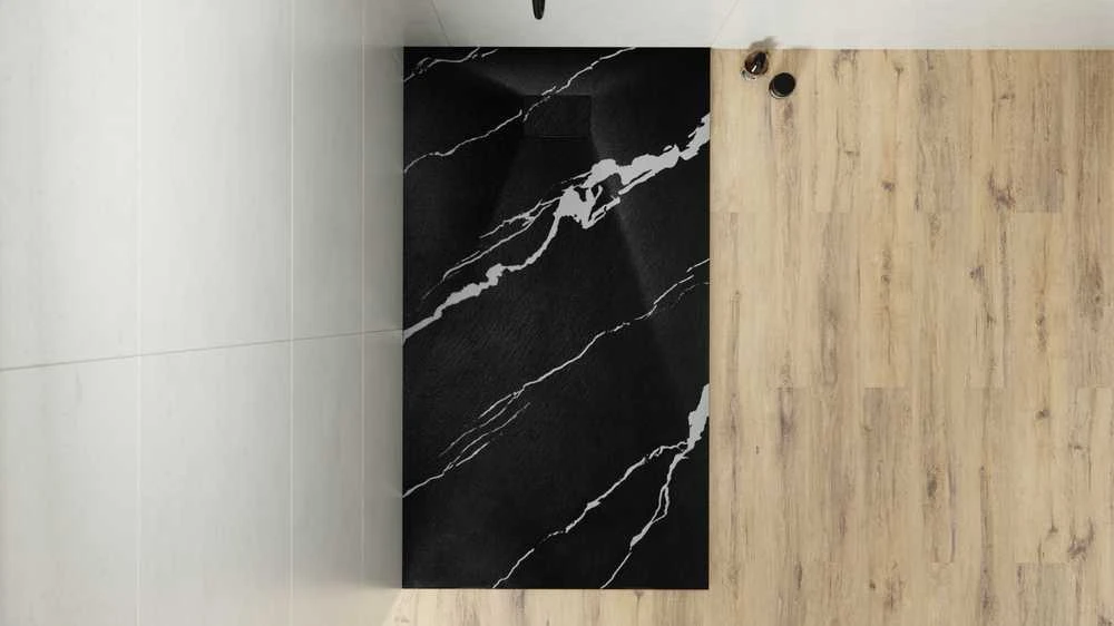 Stačiakampis dušo padėklas Besco Vexo Marble Juodas, 140 x 90 cm