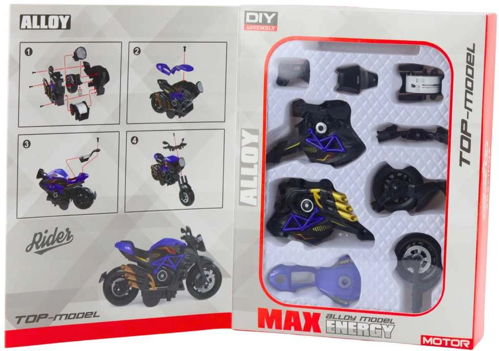 Surenkamas motociklo modelis DIY 1:14, juodas/mėlynas