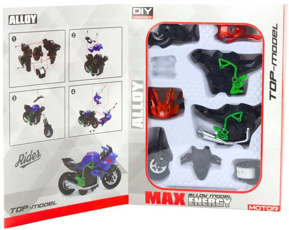 Surenkamas motociklo modelis DIY 1:14, oranžinis/žalias