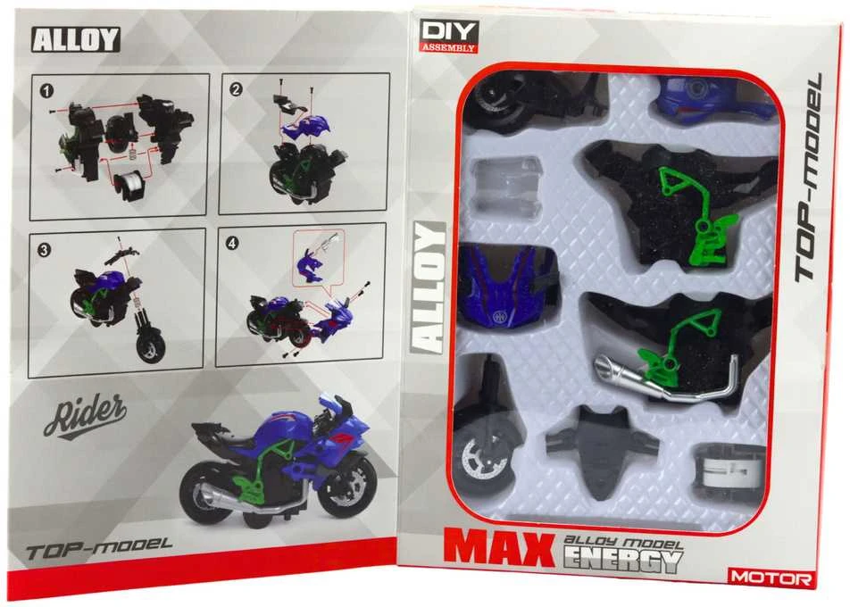 Surenkamas motociklo modelis DIY 1:14, žalias/mėlynas