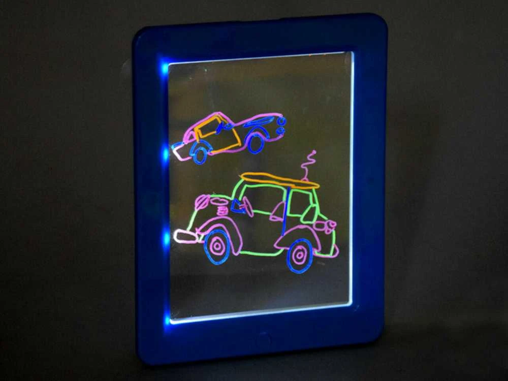 Šviečianti lenta su 3D akiniais ir rašikliais, mėlyna