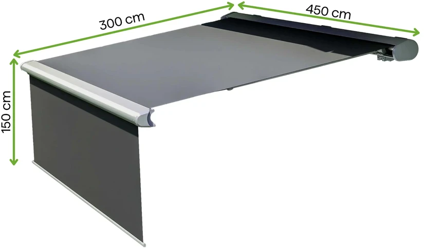Terasos markizė DELUXE PLUS AUTOMATIC su LED ir jutikliu, 450x300 + 150 cm, Pilkas