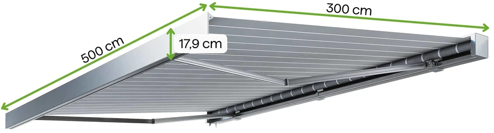 Terasos markizė PRIME AUTOMATIC su LED ir jutikliu, 500x300 cm, Pilkas/Baltas