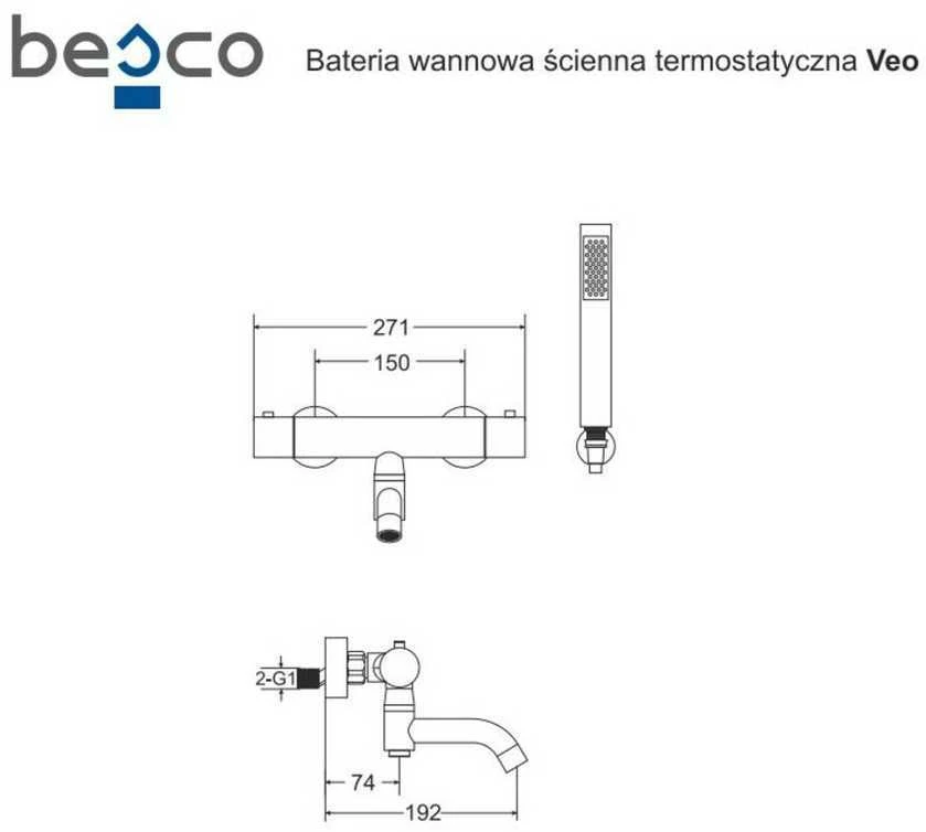Termostatinis vonios maišytuvas su dušo komplektu Besco Veo, Graphite