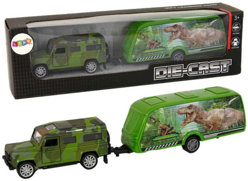 Transporto priemonių rinkinys: džipas ir priekaba su dinozaurais