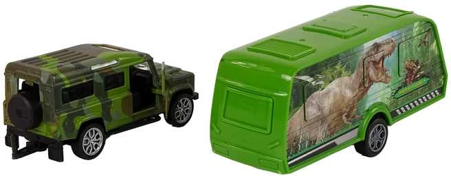 Transporto priemonių rinkinys: džipas ir priekaba su dinozaurais