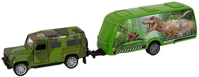 Transporto priemonių rinkinys: džipas ir priekaba su dinozaurais