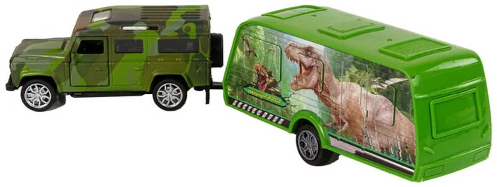 Transporto priemonių rinkinys: džipas ir priekaba su dinozaurais