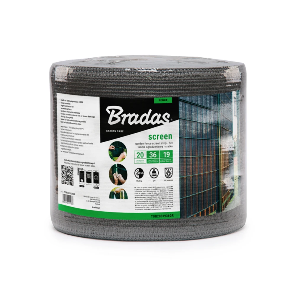 Tvoros juosta / tinklas Bradas, 19cm x 36m, 200g/m2, + 20 klipsų, pilka