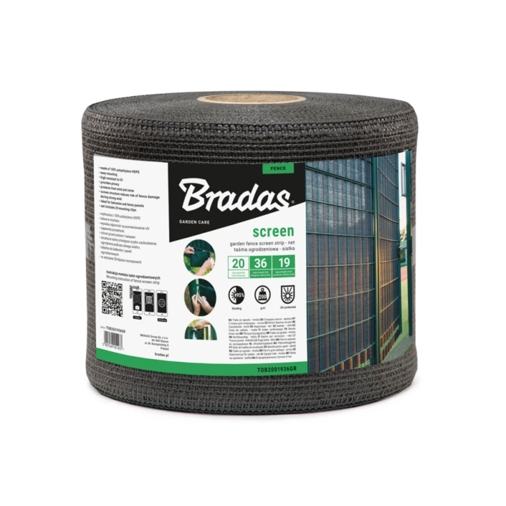 Tvoros juosta / tinklas Bradas, 19cm x 36m, 200g/m2, + 20 klipsų, pilka