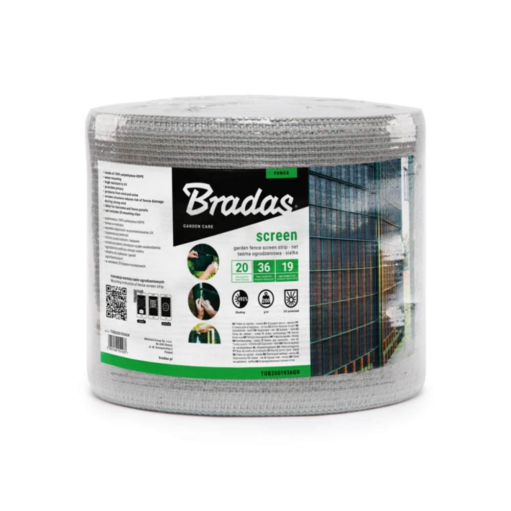 Tvoros juosta / tinklas Bradas, 19cm x 36m, 200g/m2, + 20 klipsų, šviesiai pilka