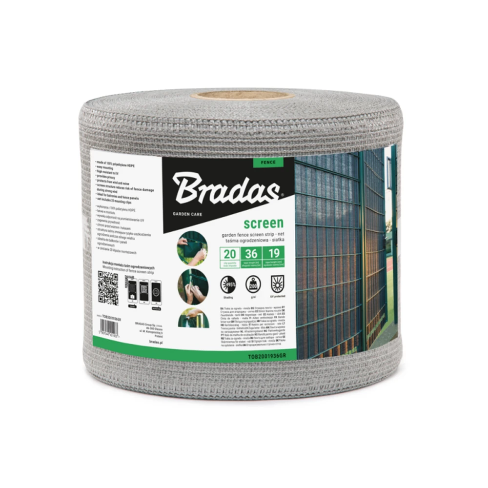 Tvoros juosta / tinklas Bradas, 19cm x 36m, 200g/m2, + 20 klipsų, šviesiai pilka
