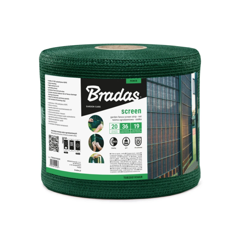 Tvoros juosta / tinklas Bradas, 19cm x 36m, 200g/m2, + 20 klipsų, žalia
