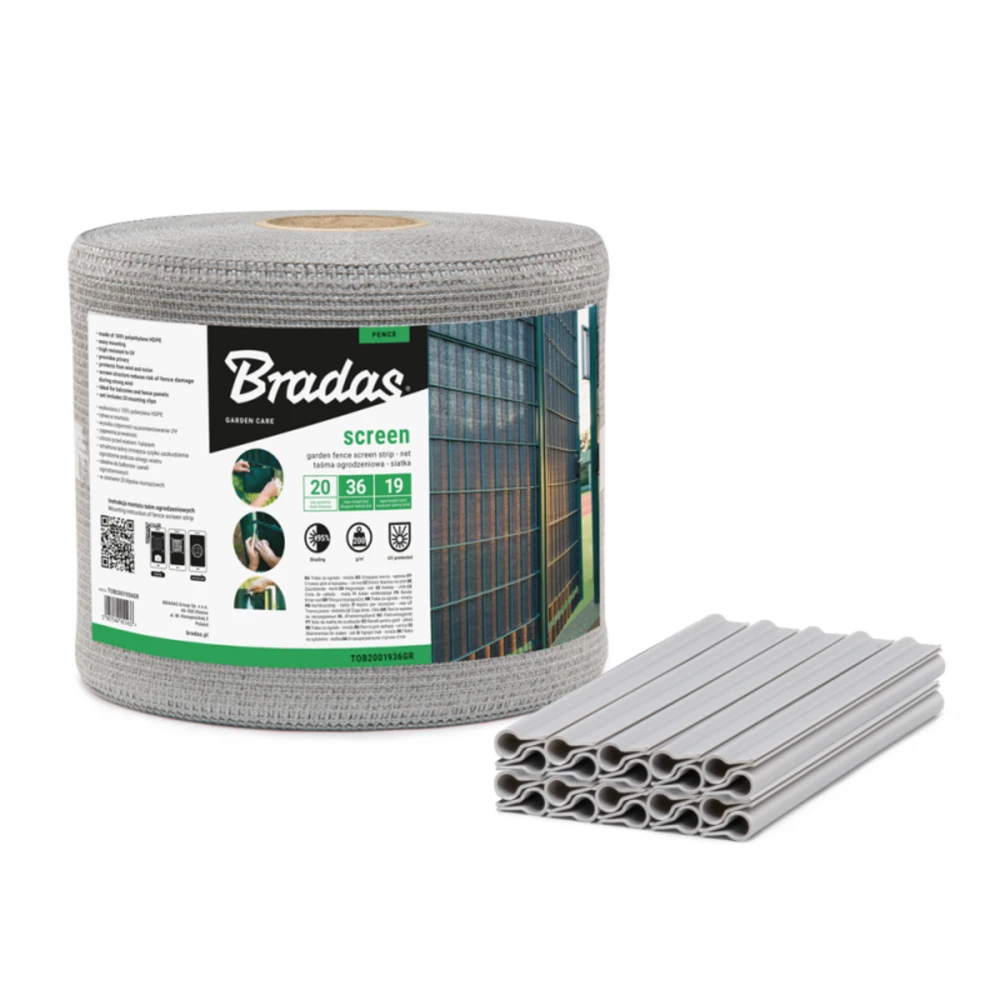 Tvoros juosta / tinklas Bradas, 19cm x 36m, 200g/m2, + 20 klipsų, šviesiai pilka