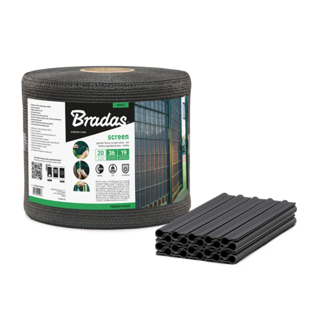 Tvoros juosta / tinklas Bradas, 19cm x 36m, 200g/m2, + 20 klipsų, pilka