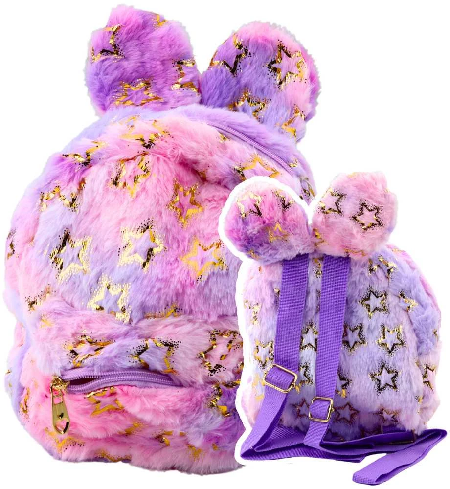 Vaikiška pliušinė kuprinė su ausytėmis, 24 cm, violetinė/rožinė su žvaigždutėmis