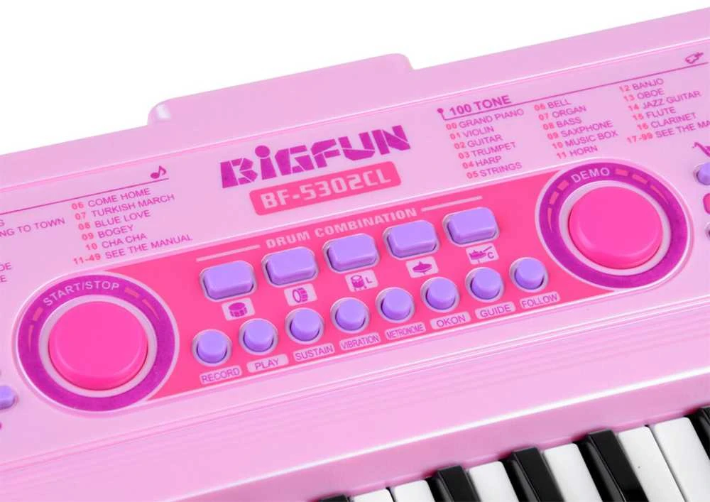 Vaikiškas pianinas su mikrofonu ir šviečiančiais klavišais, rožinis