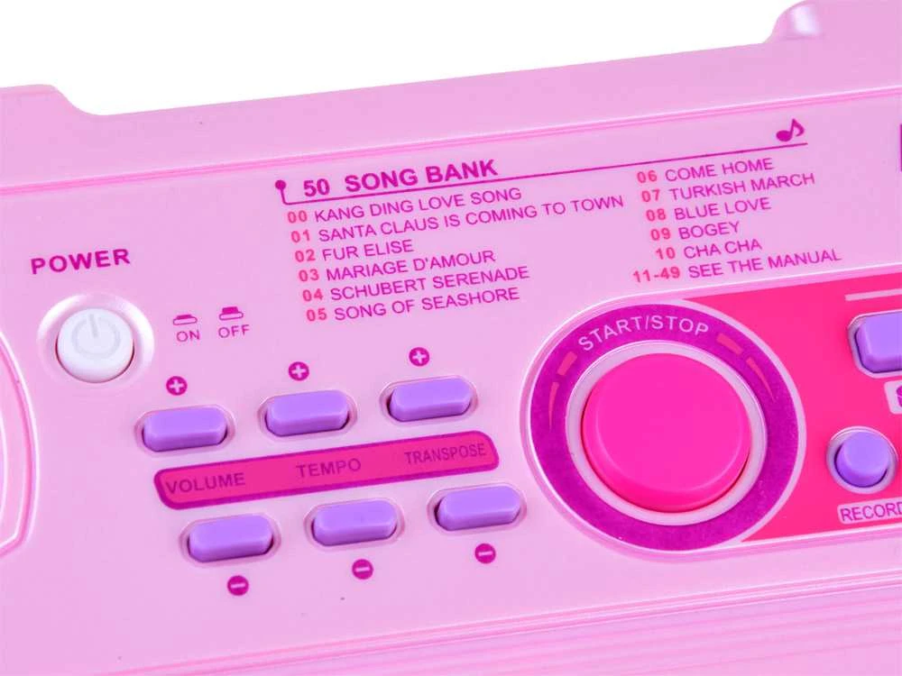 Vaikiškas pianinas su mikrofonu ir šviečiančiais klavišais, rožinis