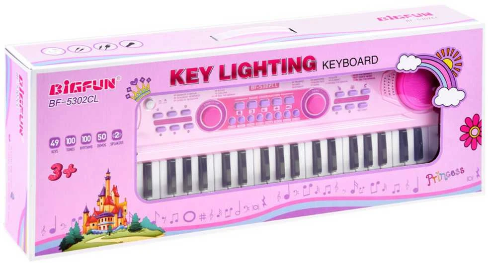 Vaikiškas pianinas su mikrofonu ir šviečiančiais klavišais, rožinis