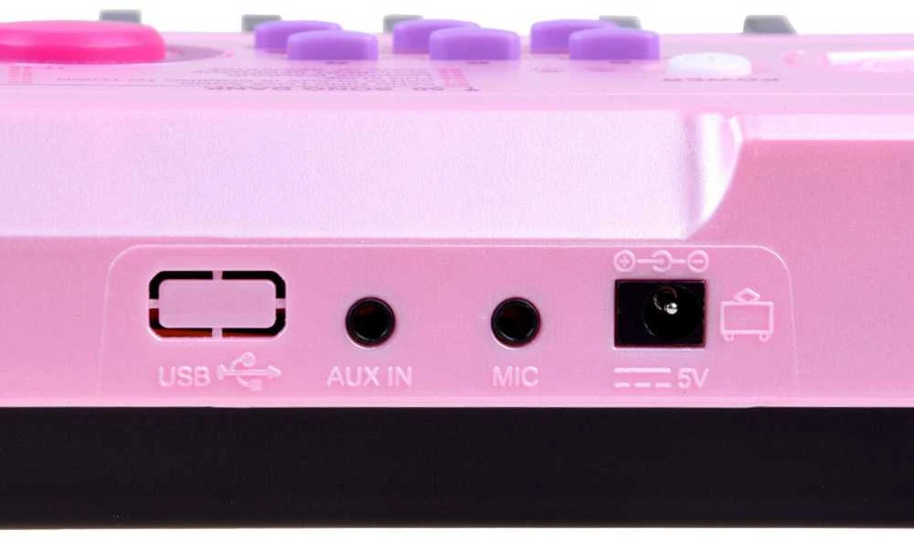 Vaikiškas pianinas su mikrofonu ir šviečiančiais klavišais, rožinis