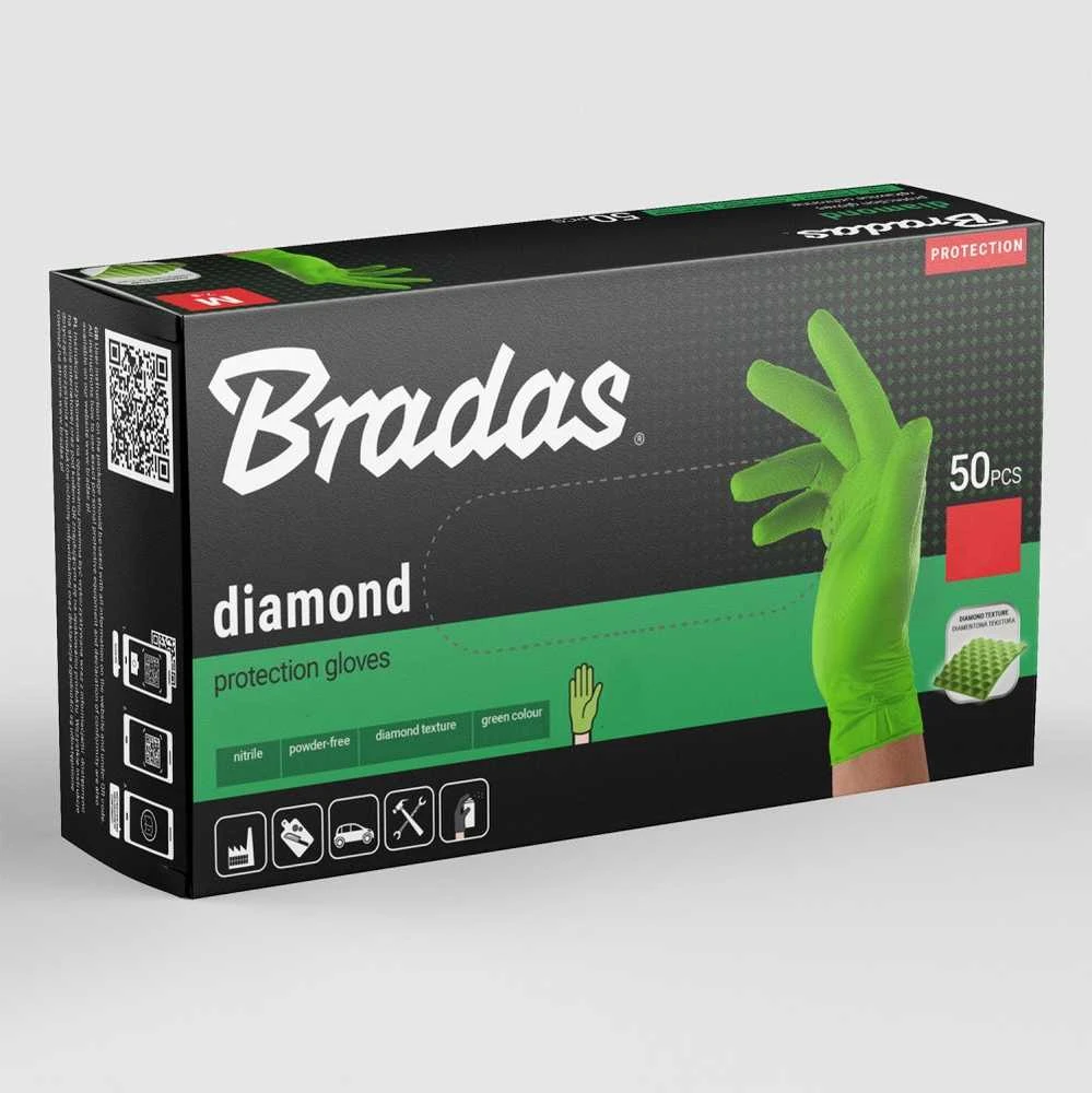 Vienkartinės darbo pirštinės Bradas DIAMOND, juodos, XL dydis, 9-10, 50 vnt.