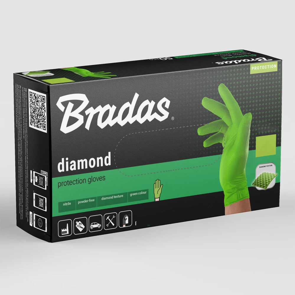 Vienkartinės darbo pirštinės Bradas DIAMOND, juodos, XL dydis, 9-10, 50 vnt.