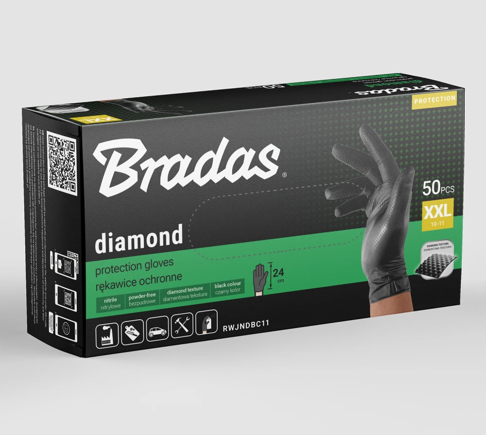 Vienkartinės darbo pirštinės Bradas DIAMOND, juodos, XXL dydis, 10-11, 50 vnt.