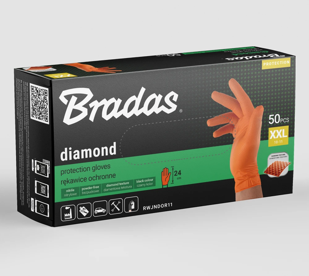 Vienkartinės darbo pirštinės Bradas DIAMOND, oranžinės, XXL dydis, 10-11, 50 vnt.