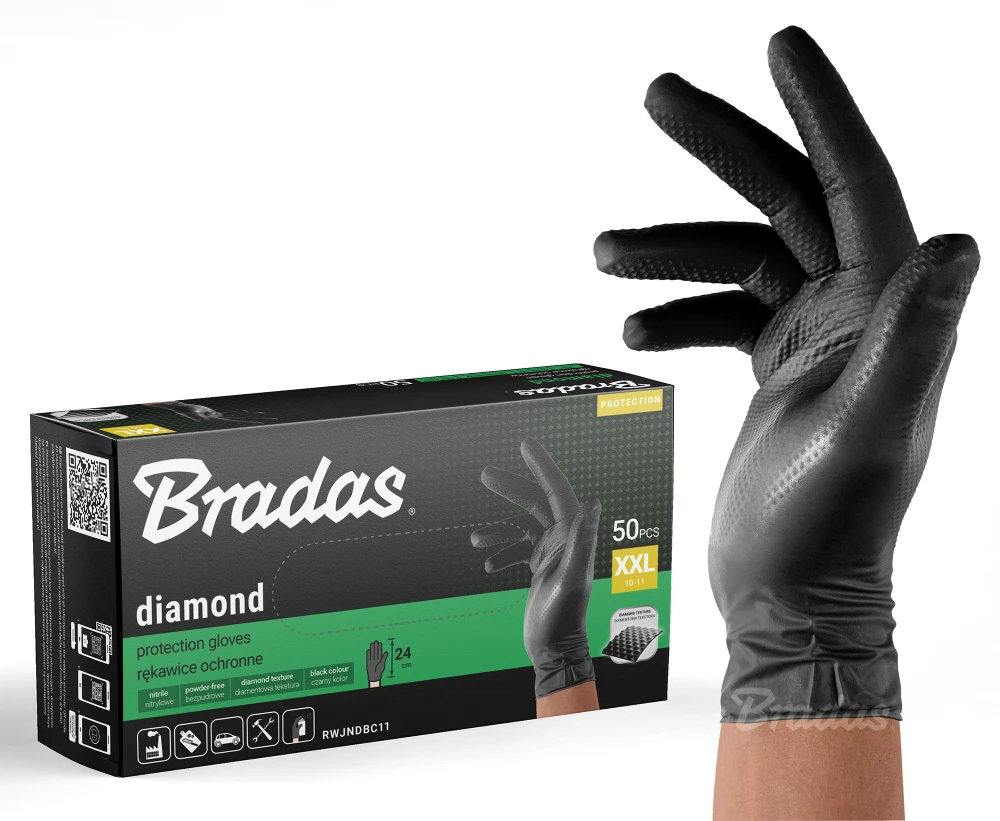 Vienkartinės darbo pirštinės Bradas DIAMOND, juodos, XXL dydis, 10-11, 50 vnt.