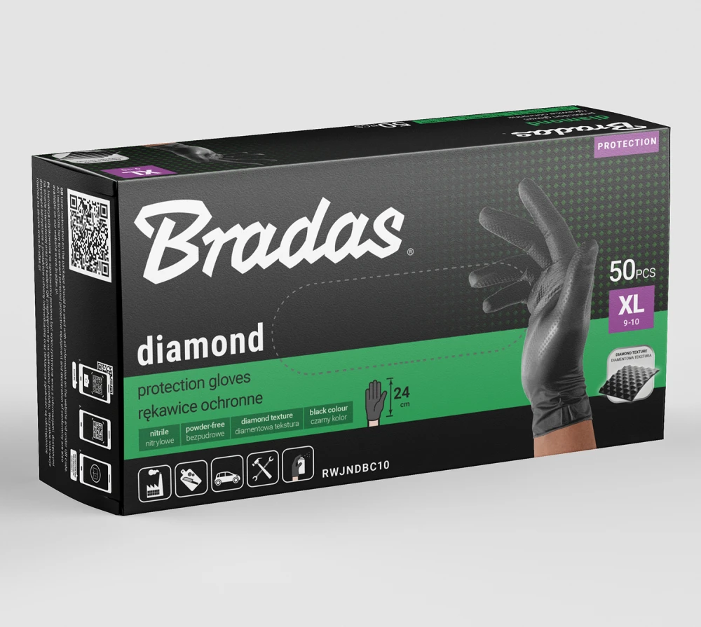 Vienkartinės darbo pirštinės Bradas DIAMOND, juodos, XL dydis, 9-10, 50 vnt.