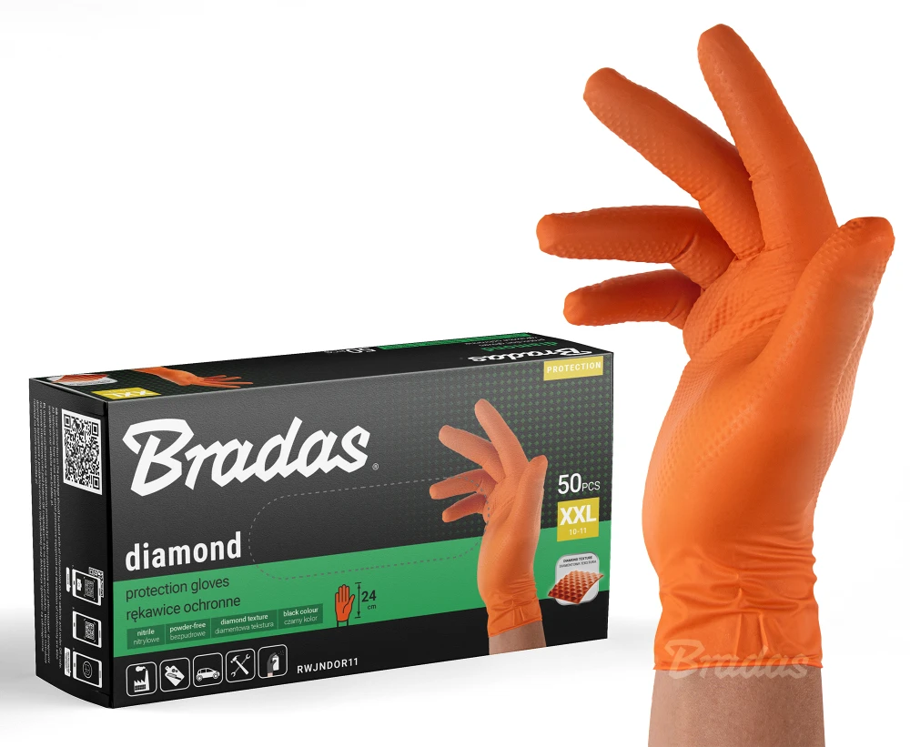 Vienkartinės darbo pirštinės Bradas DIAMOND, oranžinės, XXL dydis, 10-11, 50 vnt.