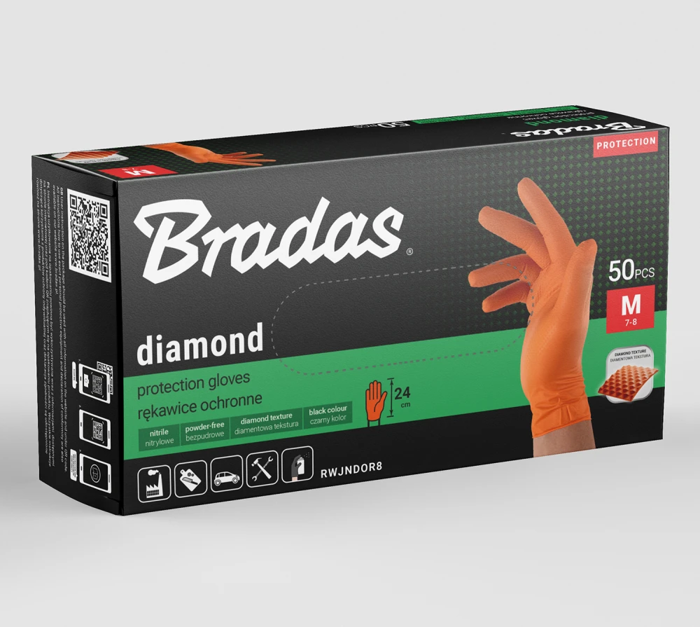 Vienkartinės darbo pirštinės Bradas DIAMOND, oranžinės, M dydis, 7-8, 50 vnt.
