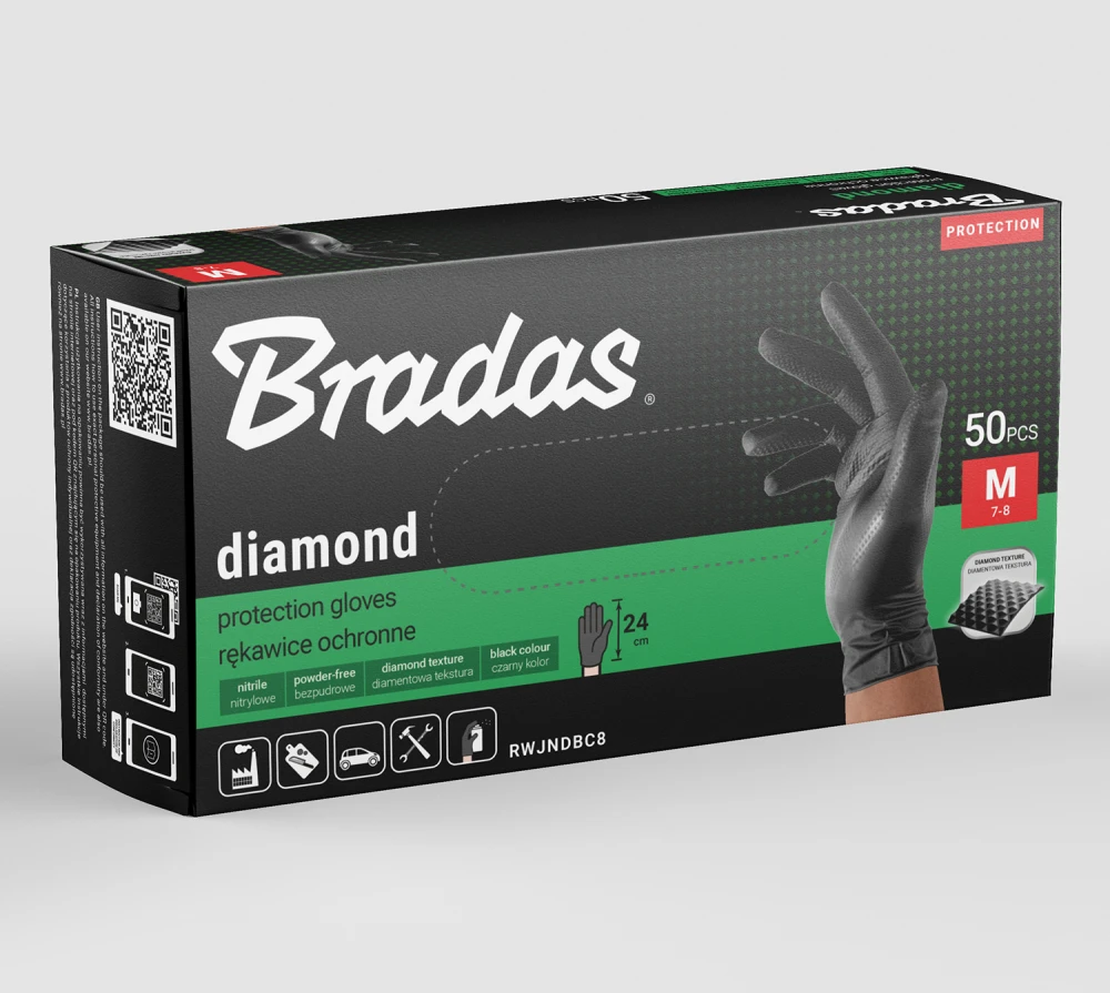 Vienkartinės darbo pirštinės Bradas DIAMOND, juodos, M dydis, 7-8, 50 vnt.