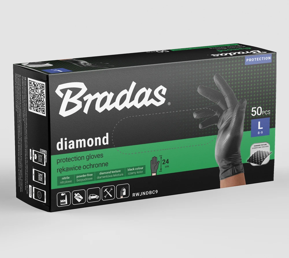 Vienkartinės darbo pirštinės Bradas DIAMOND, juodos, L dydis, 8-9, 50 vnt.